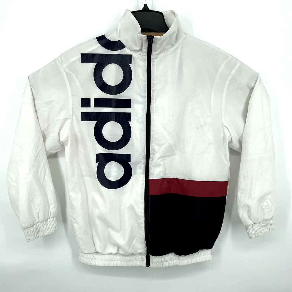 Mens white adidas block letter windbreaker full zip jacket navy blue red